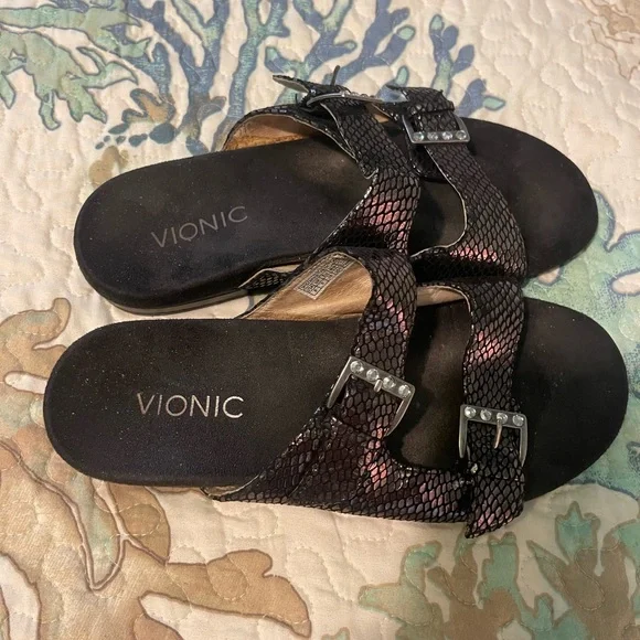 Vionic Black Sandals Double-Strap Casual Slip-On - Picture 2 of 7